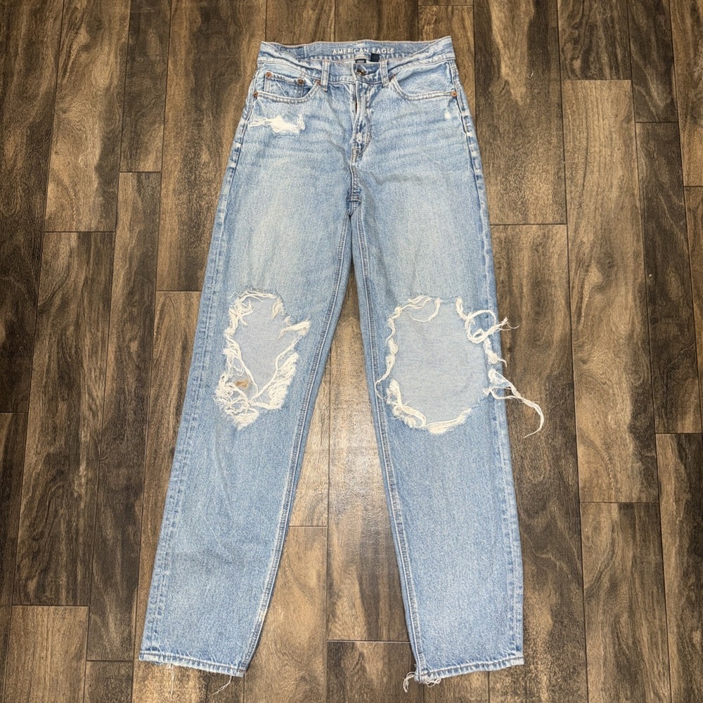 American Eagle Super High-Rise Baggy Straight Light Wash Denim Jeans Women's 0‎